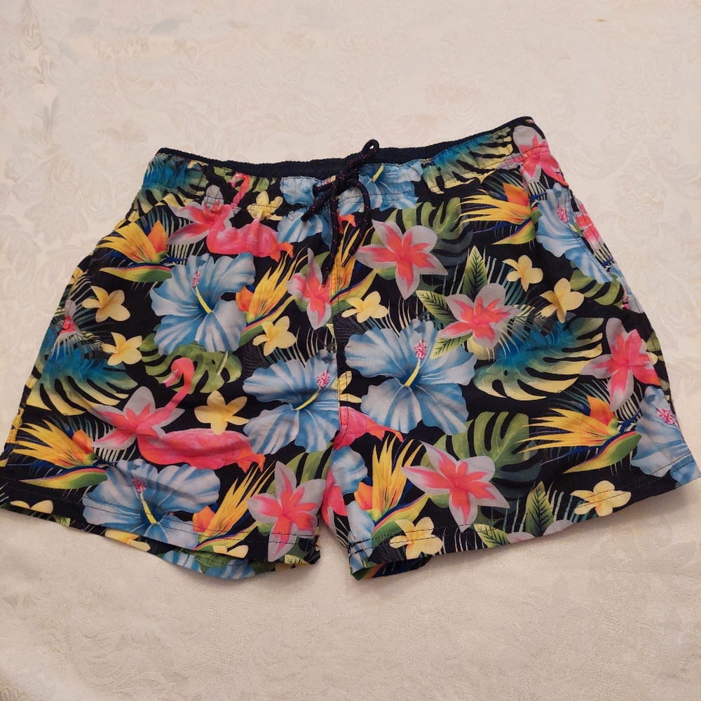 OP Ocean Pacific Hawaiian print black swim trunks. Size medium